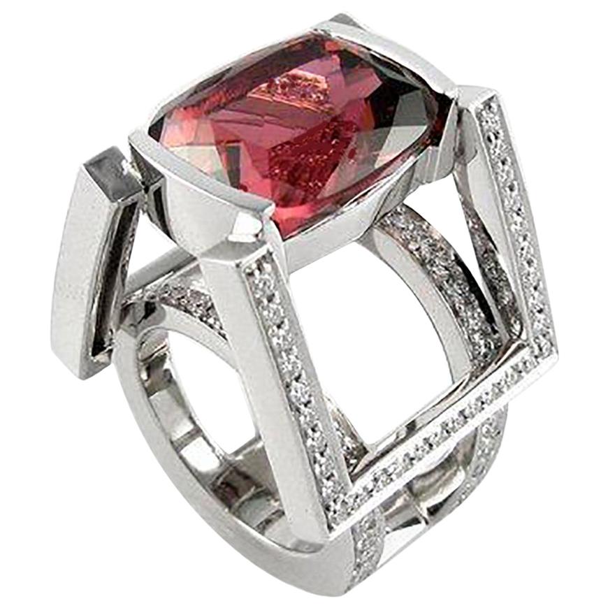 White Gold Ring with 14.54 Carat Shift Pink Tourmaline and Diamonds For Sale