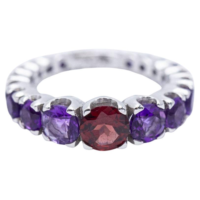 White Gold Ring with Amethysts and Rhodolite For Sale