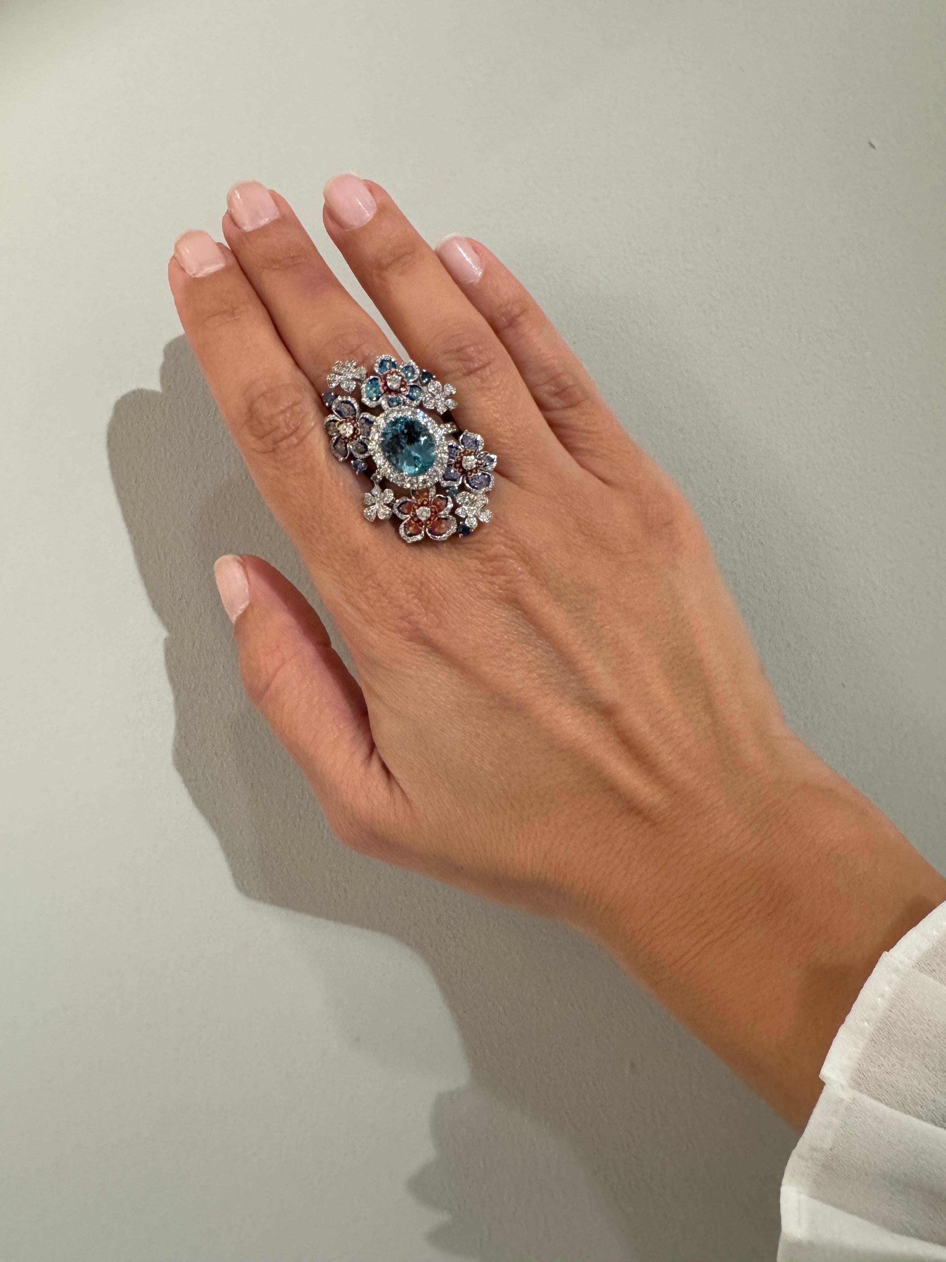 Women's White Gold Ring with Aquamarine, White Diamonds and Micromosaic For Sale