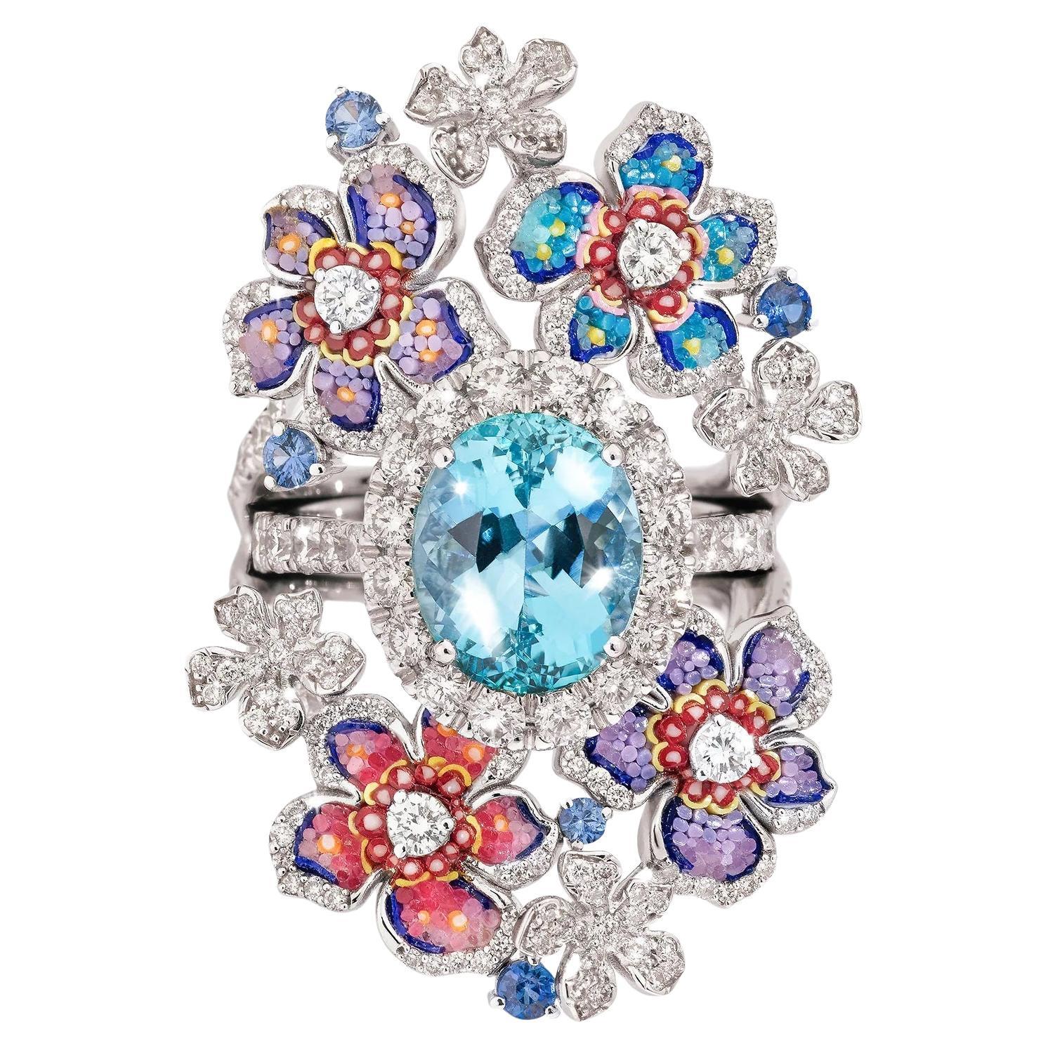 Anillo de Oro Blanco con Aguamarina, Diamantes Blancos y Micromosaico