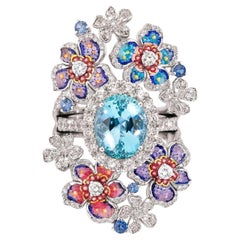 Anillo de Oro Blanco con Aguamarina, Diamantes Blancos y Micromosaico