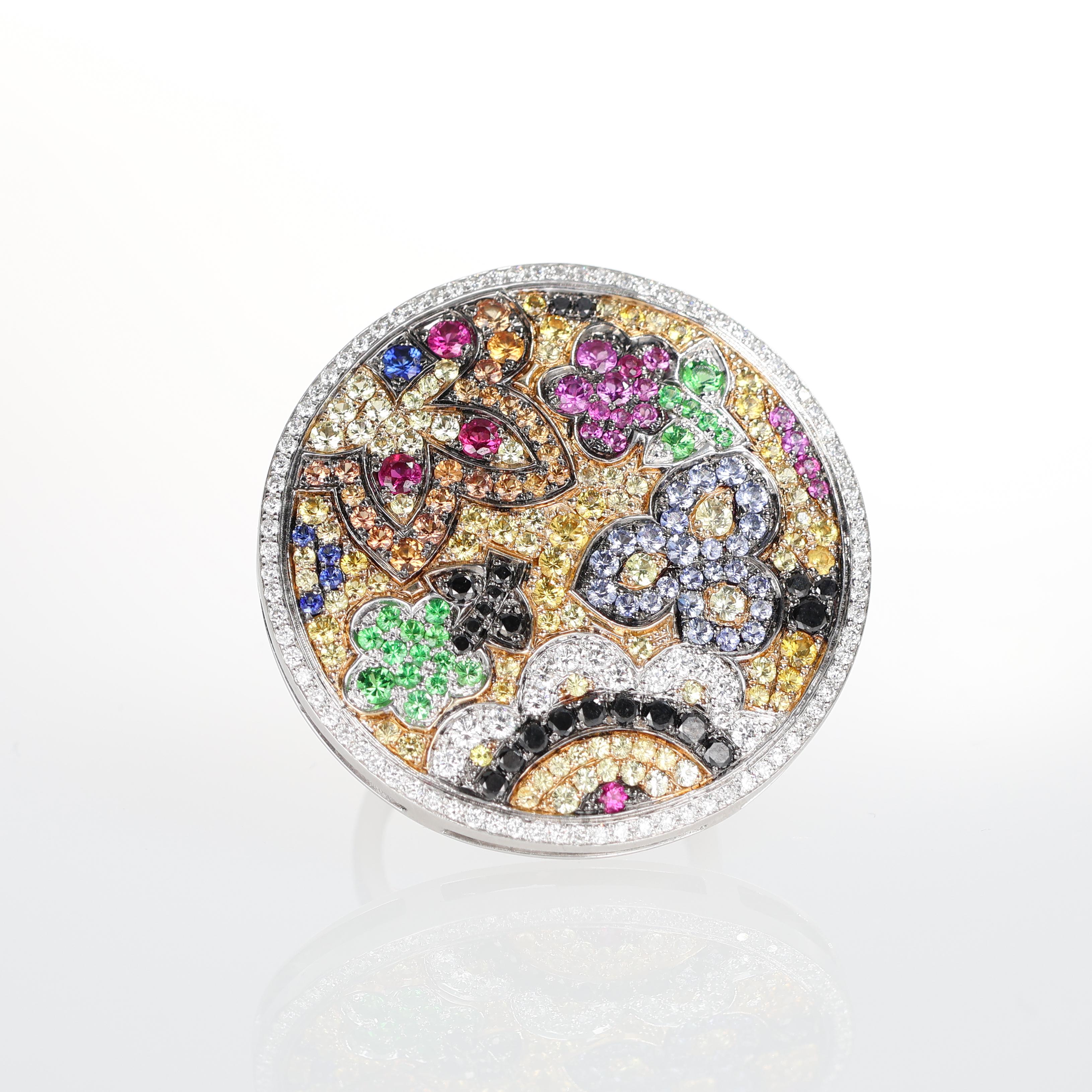 Brilliant Cut White Gold Ring with Detachable Floral Pendant in Precious Stones For Sale