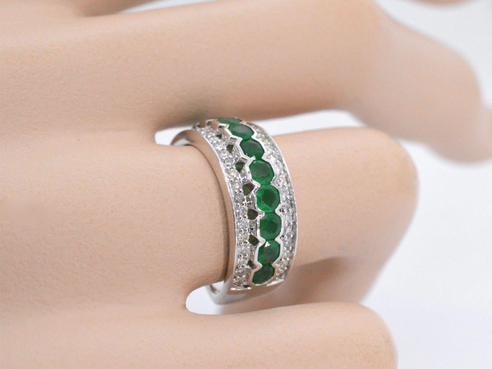 A white gold ring with diamonds and emeralds is a beautiful piece of jewelry that combines the elegance of diamonds with the rich green hue of emeralds. The sparkling diamonds and vibrant emeralds are expertly set in a band of lustrous white gold,