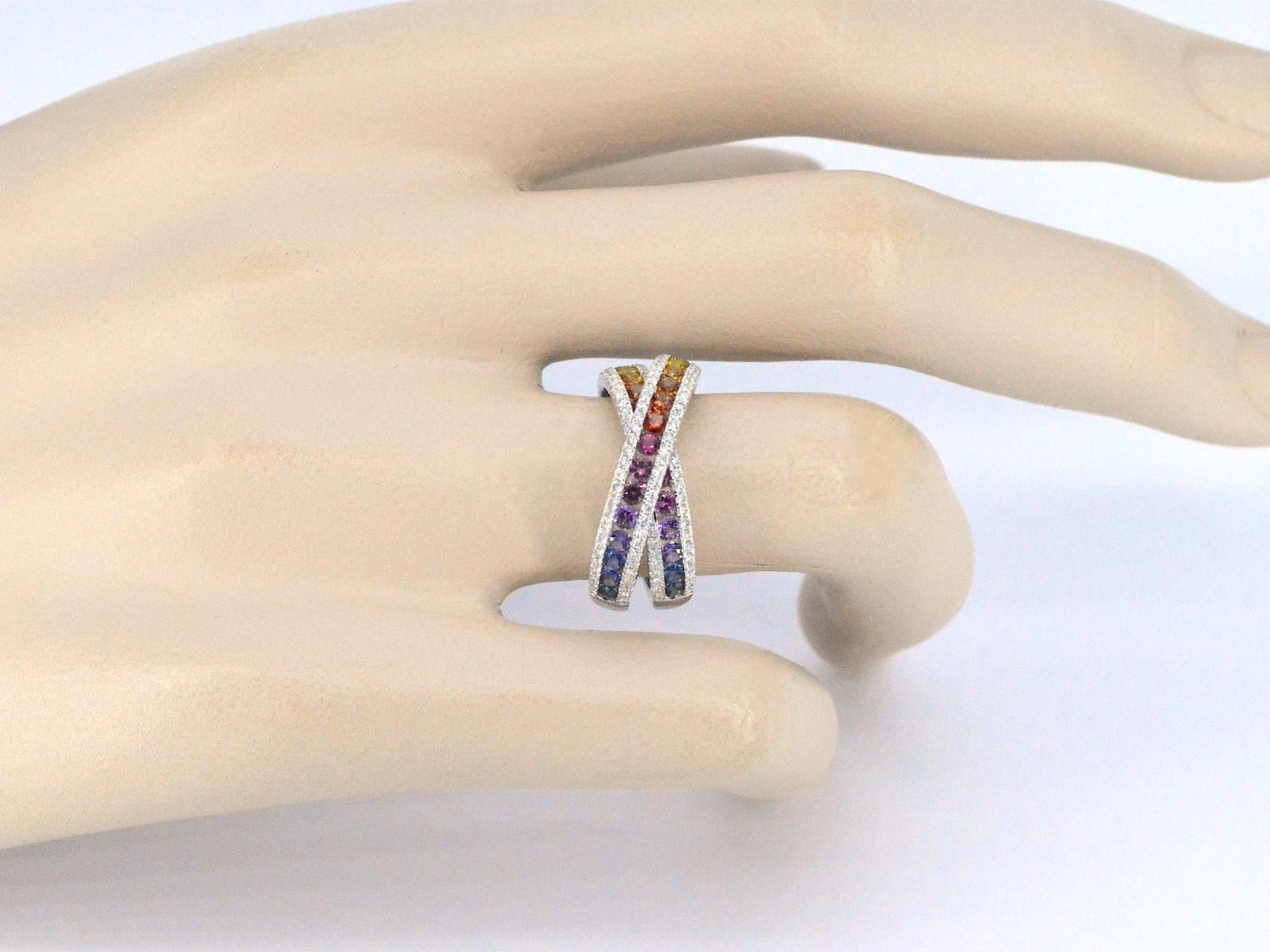 Contemporary White Gold Ring with Diamonds and Multicolour Sapphires For Sale