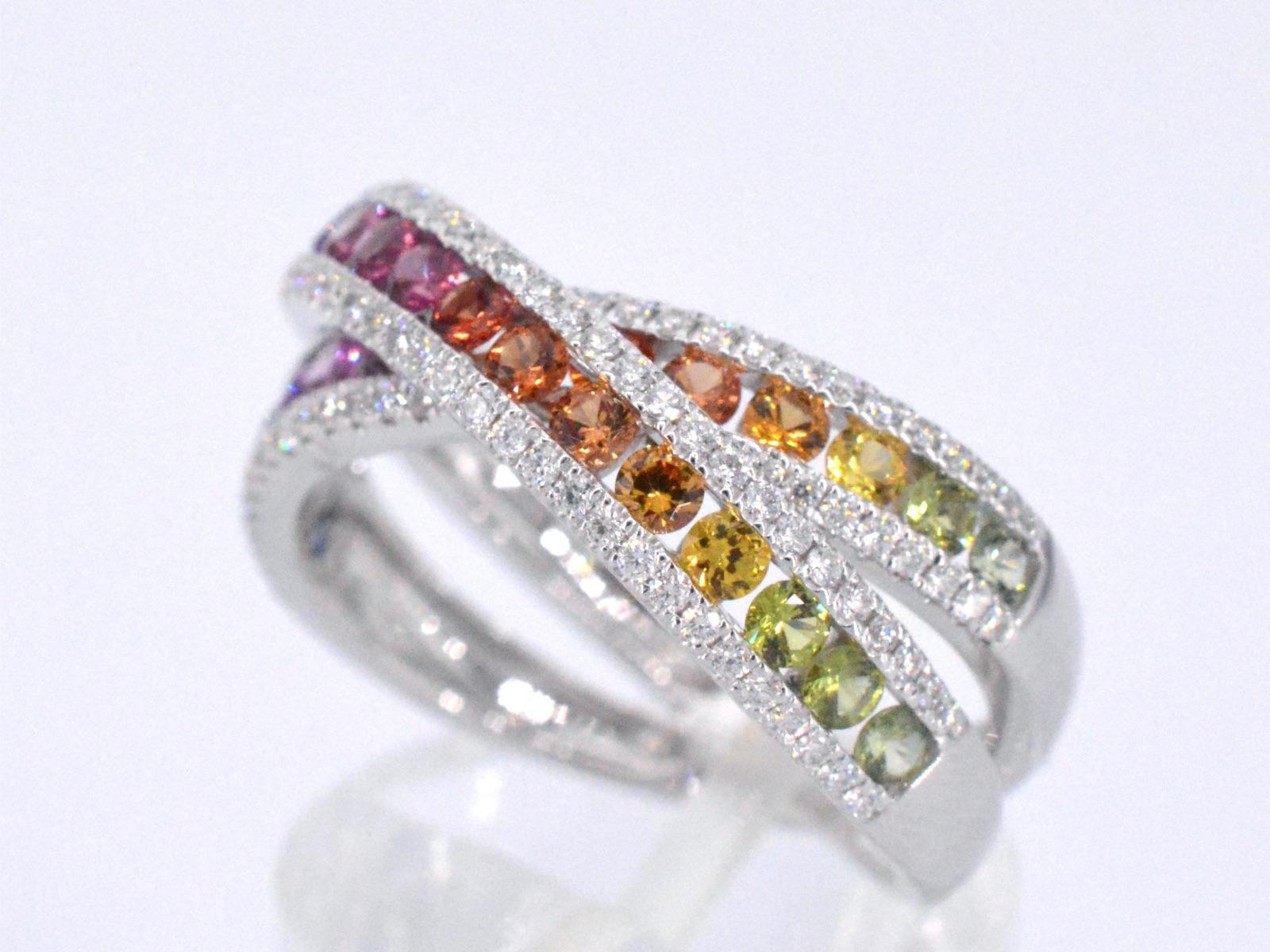 Brilliant Cut White Gold Ring with Diamonds and Multicolour Sapphires For Sale