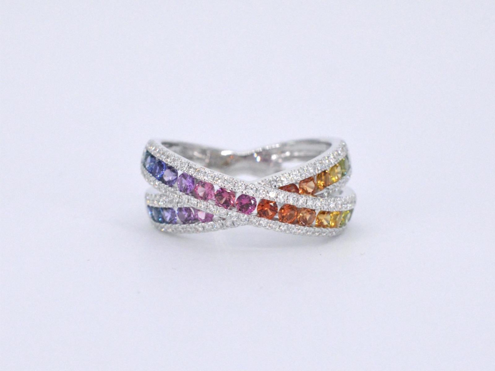 Women's White Gold Ring with Diamonds and Multicolour Sapphires For Sale