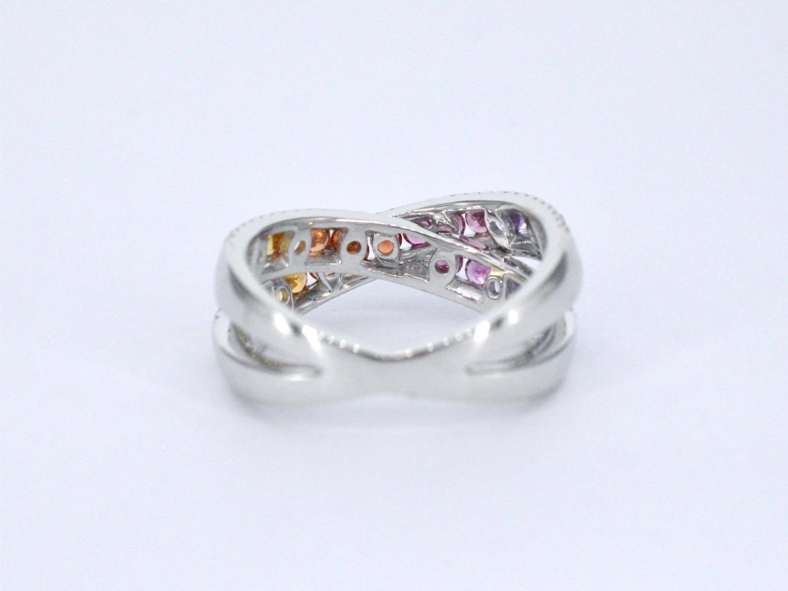 White Gold Ring with Diamonds and Multicolour Sapphires For Sale 1