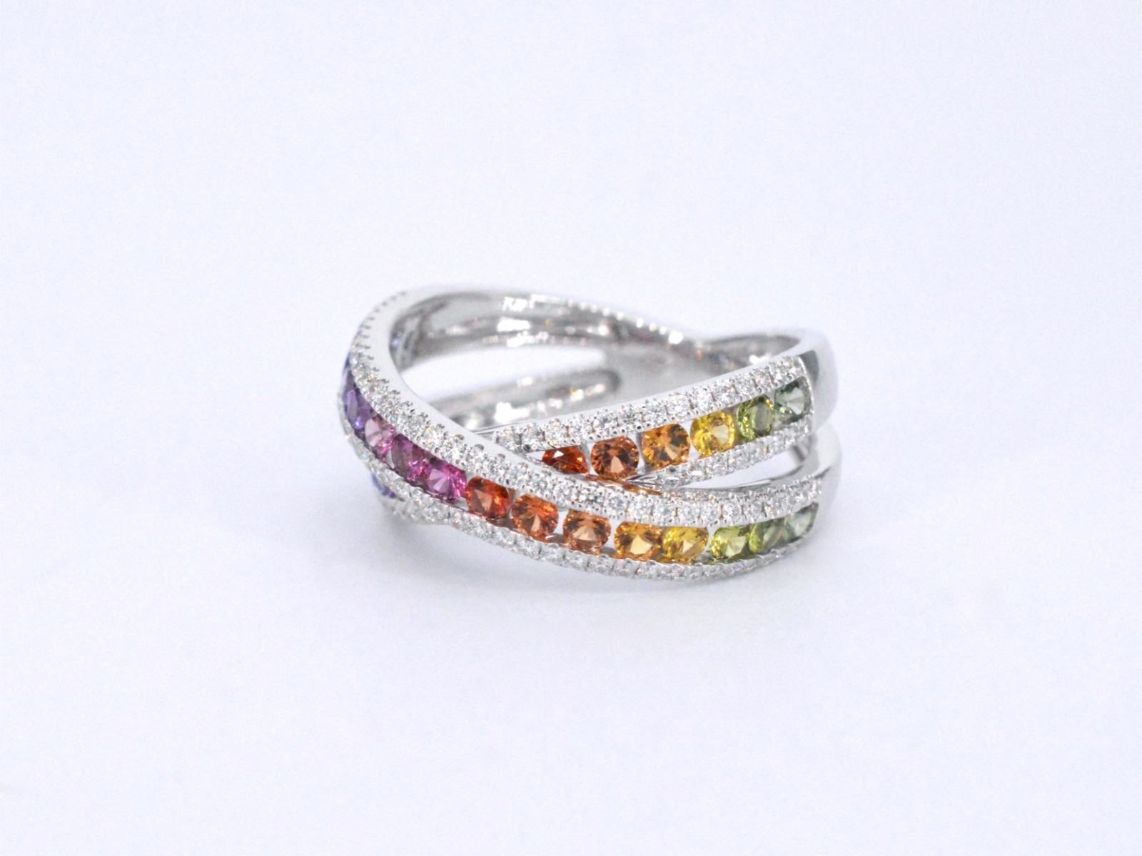 White Gold Ring with Diamonds and Multicolour Sapphires For Sale 2