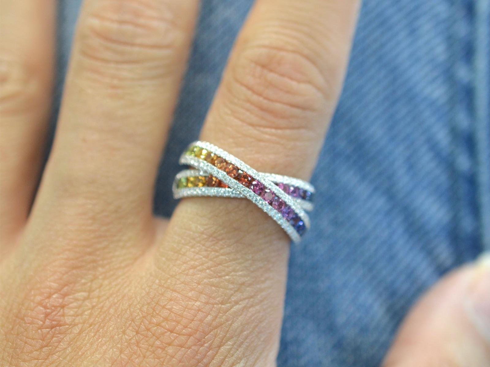 White Gold Ring with Diamonds and Multicolour Sapphires For Sale 3