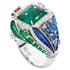 Anillo de Oro Blanco con Esmeralda, Zafiros, Diamantes Blancos y Micromosaico