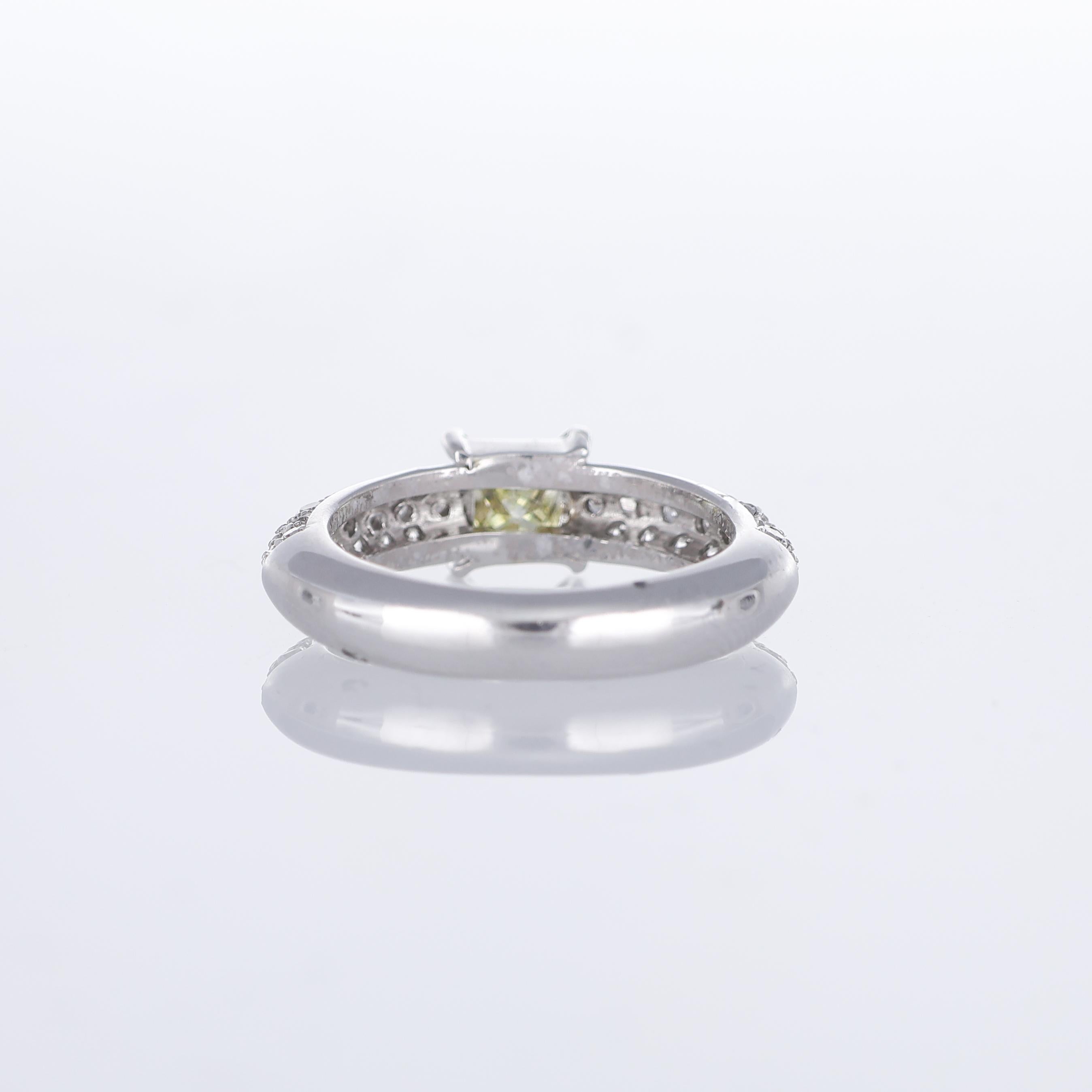 Women's or Men's White Gold Ring with Fancy Yellow Princess Diamond and White Diamond Pavé For Sale