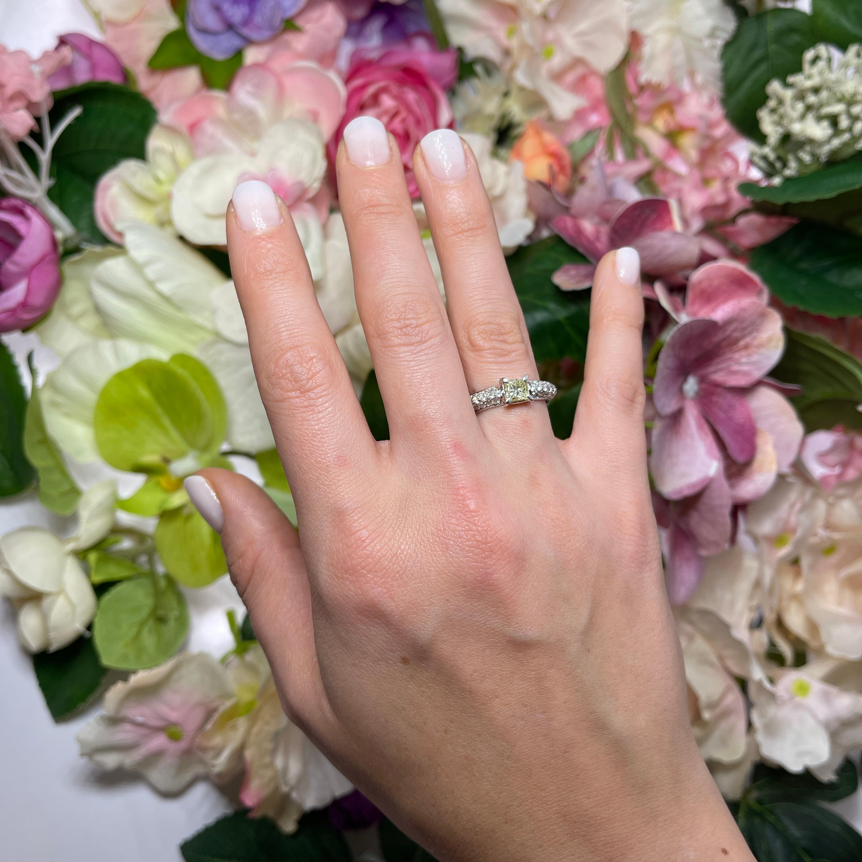 White Gold Ring with Fancy Yellow Princess Diamond and White Diamond Pavé For Sale 1