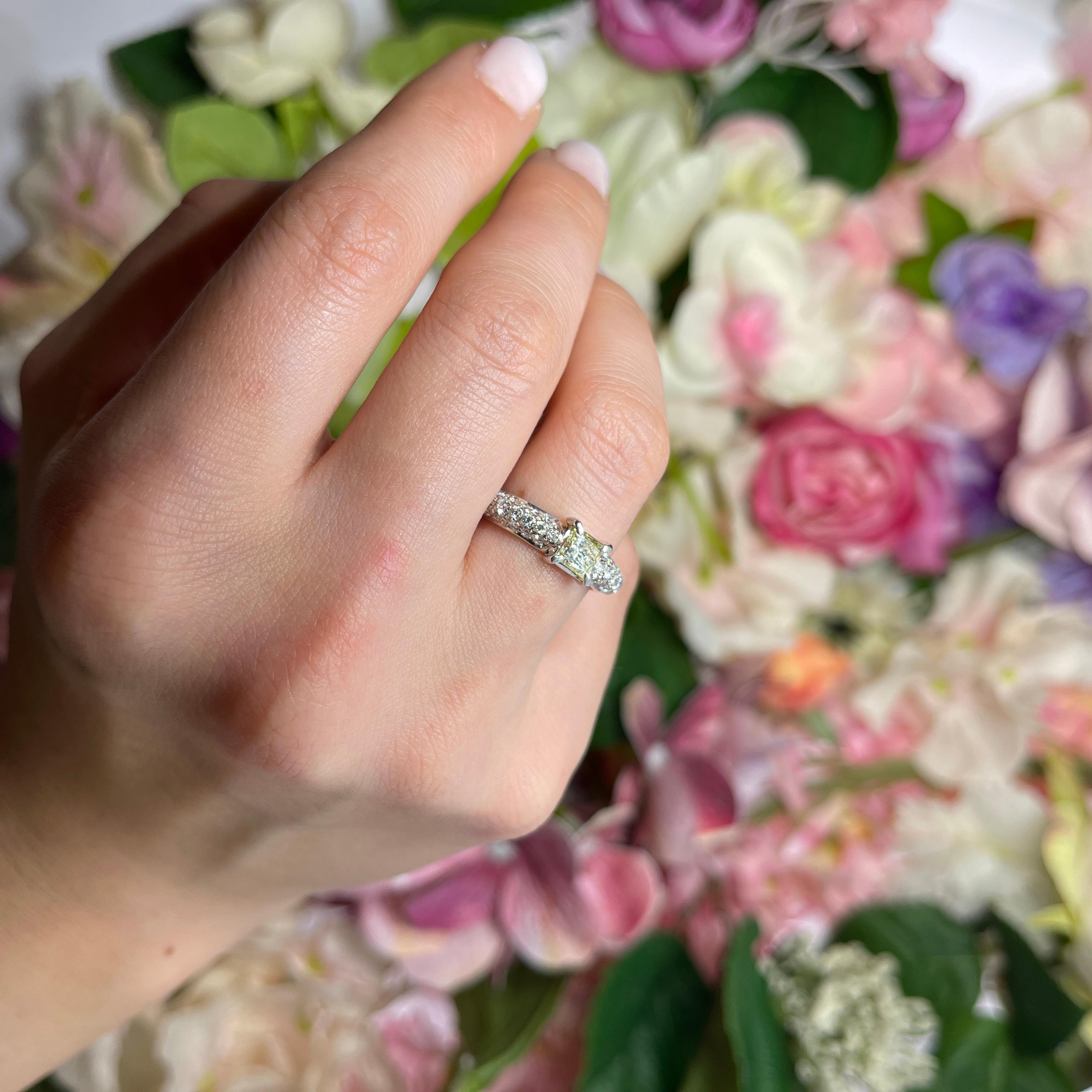 White Gold Ring with Fancy Yellow Princess Diamond and White Diamond Pavé For Sale 3