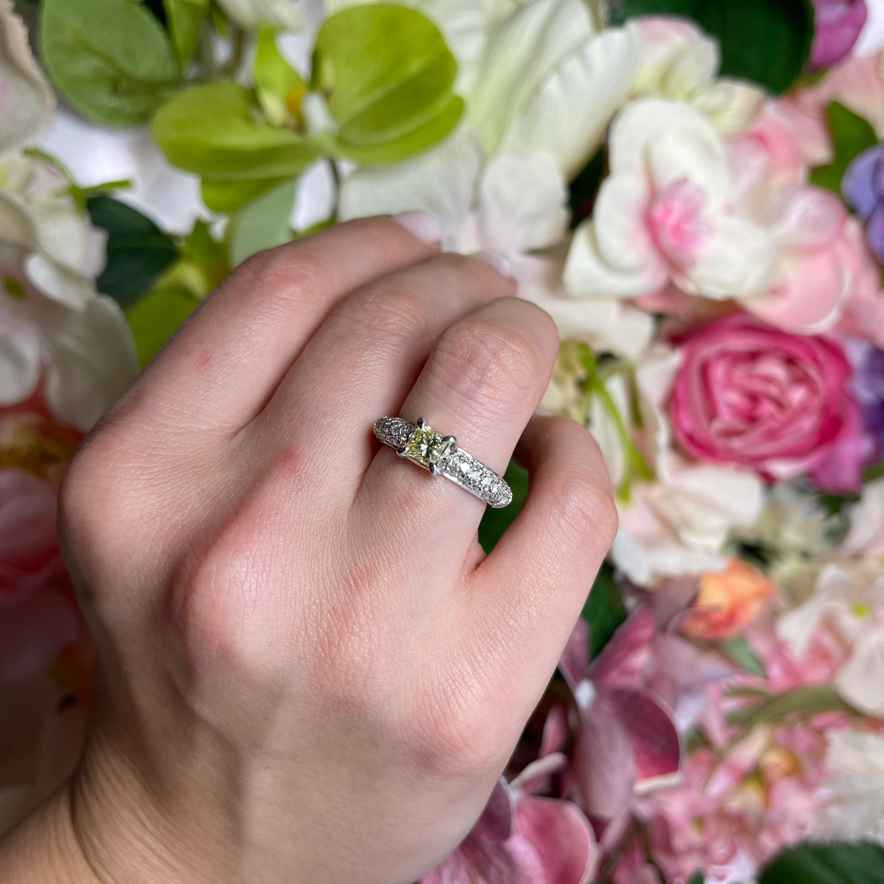White Gold Ring with Fancy Yellow Princess Diamond and White Diamond Pavé For Sale 4
