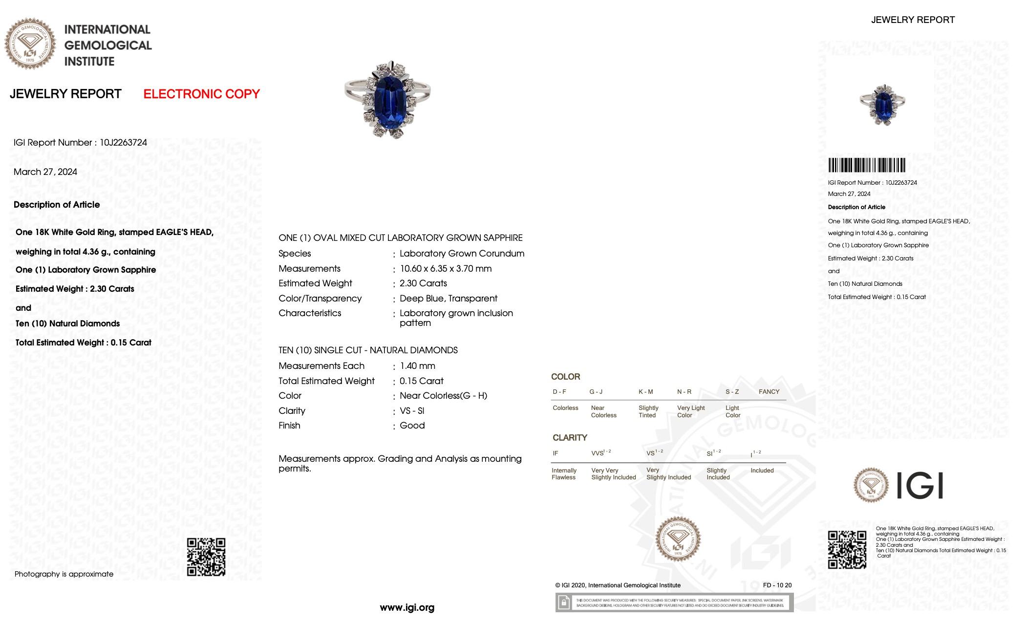 White Gold Ring with Natural Diamonds and Lab Grown Sapphire IGI Certified For Sale 3