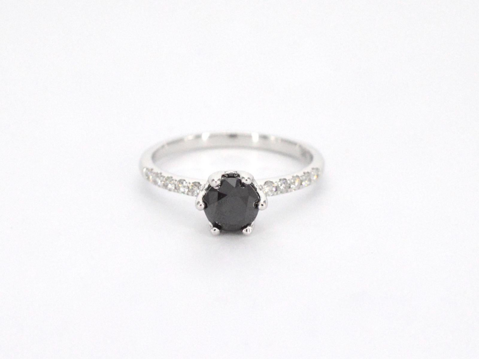 White Gold Ring with One Brilliant Cut Black Diamond and White Diamonds For Sale 1