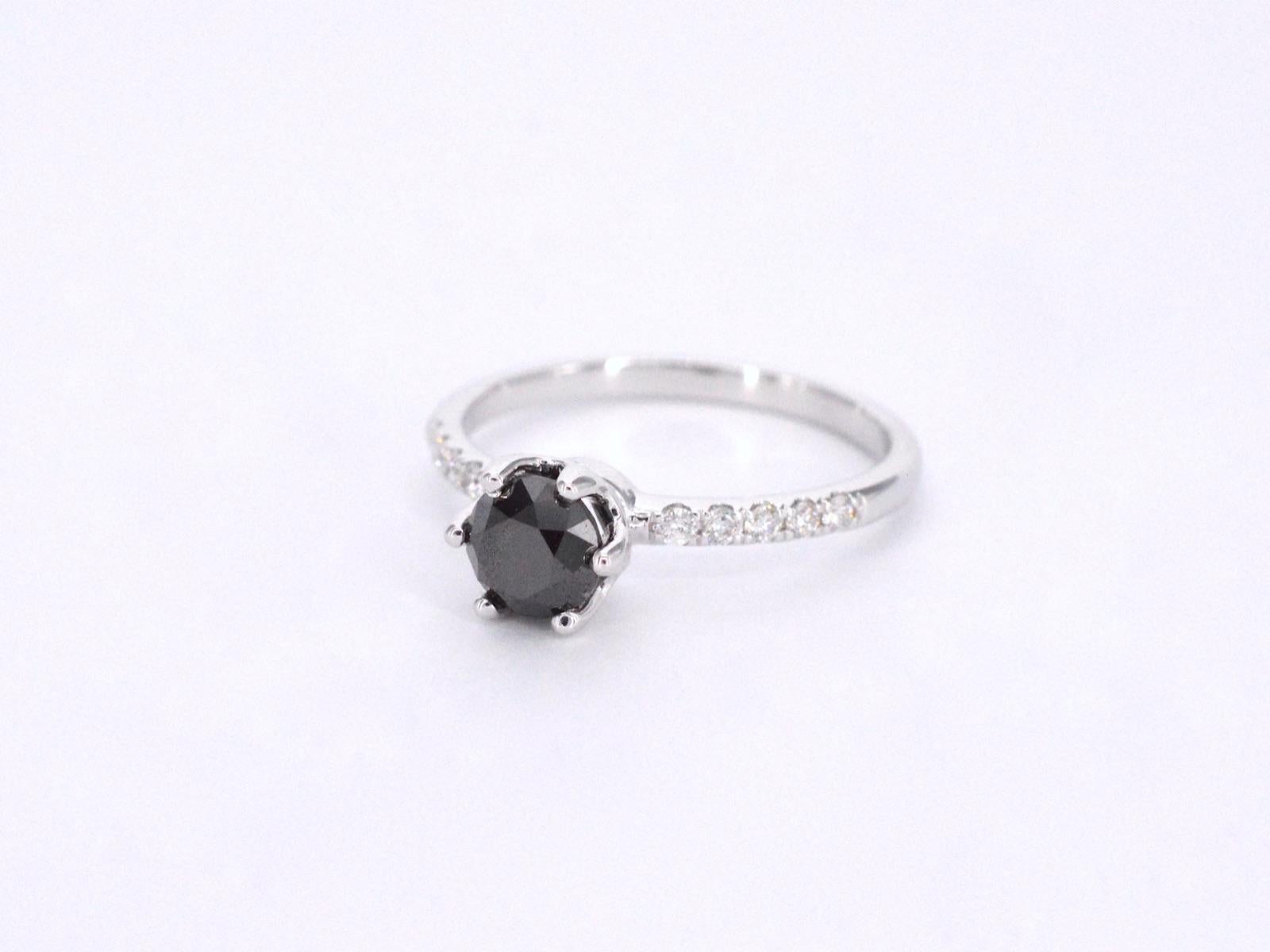 White Gold Ring with One Brilliant Cut Black Diamond and White Diamonds For Sale 3