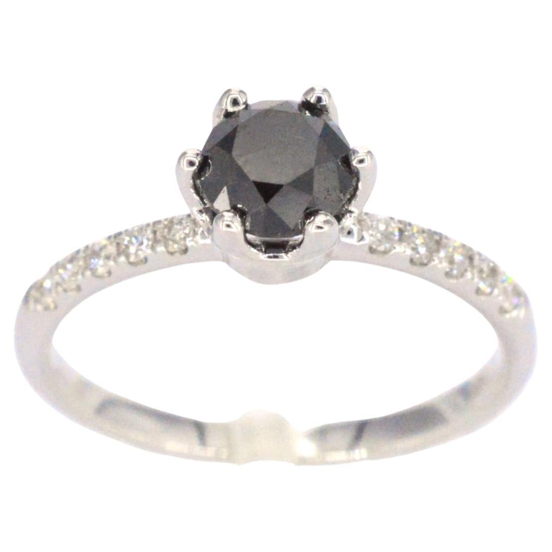 White Gold Ring with One Brilliant Cut Black Diamond and White Diamonds For Sale