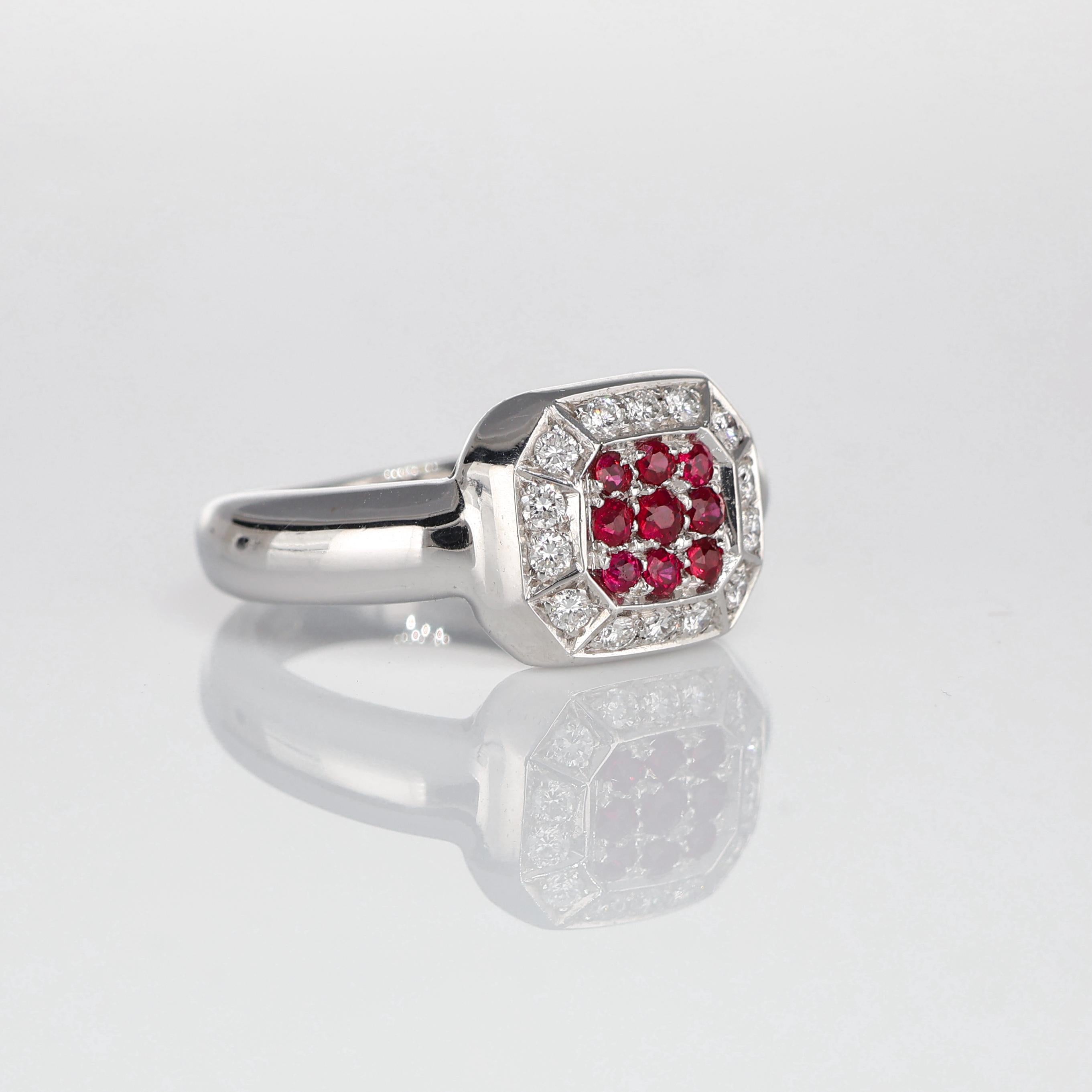 Brilliant Cut White Gold Ring with Pave Diamonds and Rubies For Sale