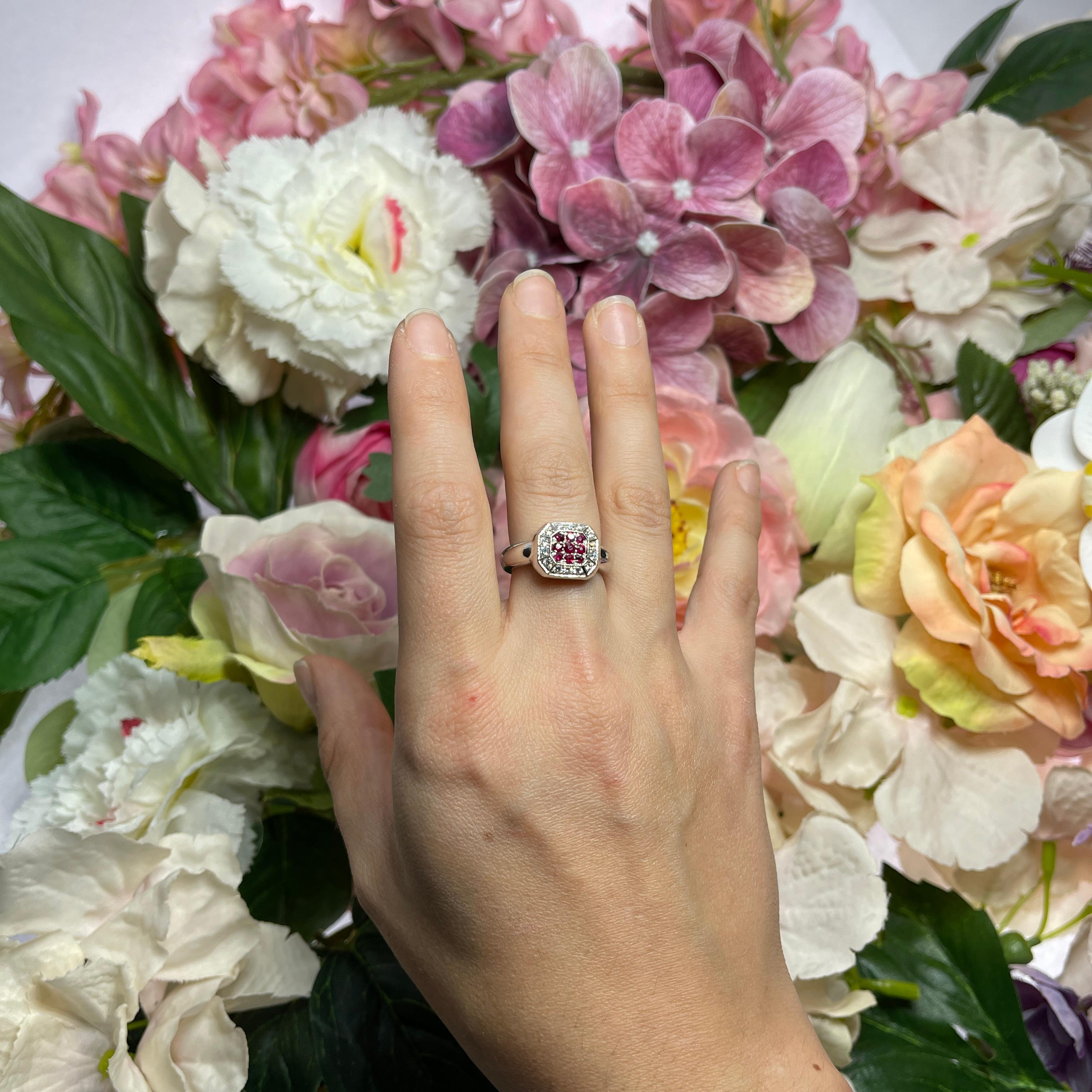 White Gold Ring with Pave Diamonds and Rubies For Sale 1