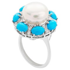 White Gold Ring with Pearl, Turquoise, and Diamonds