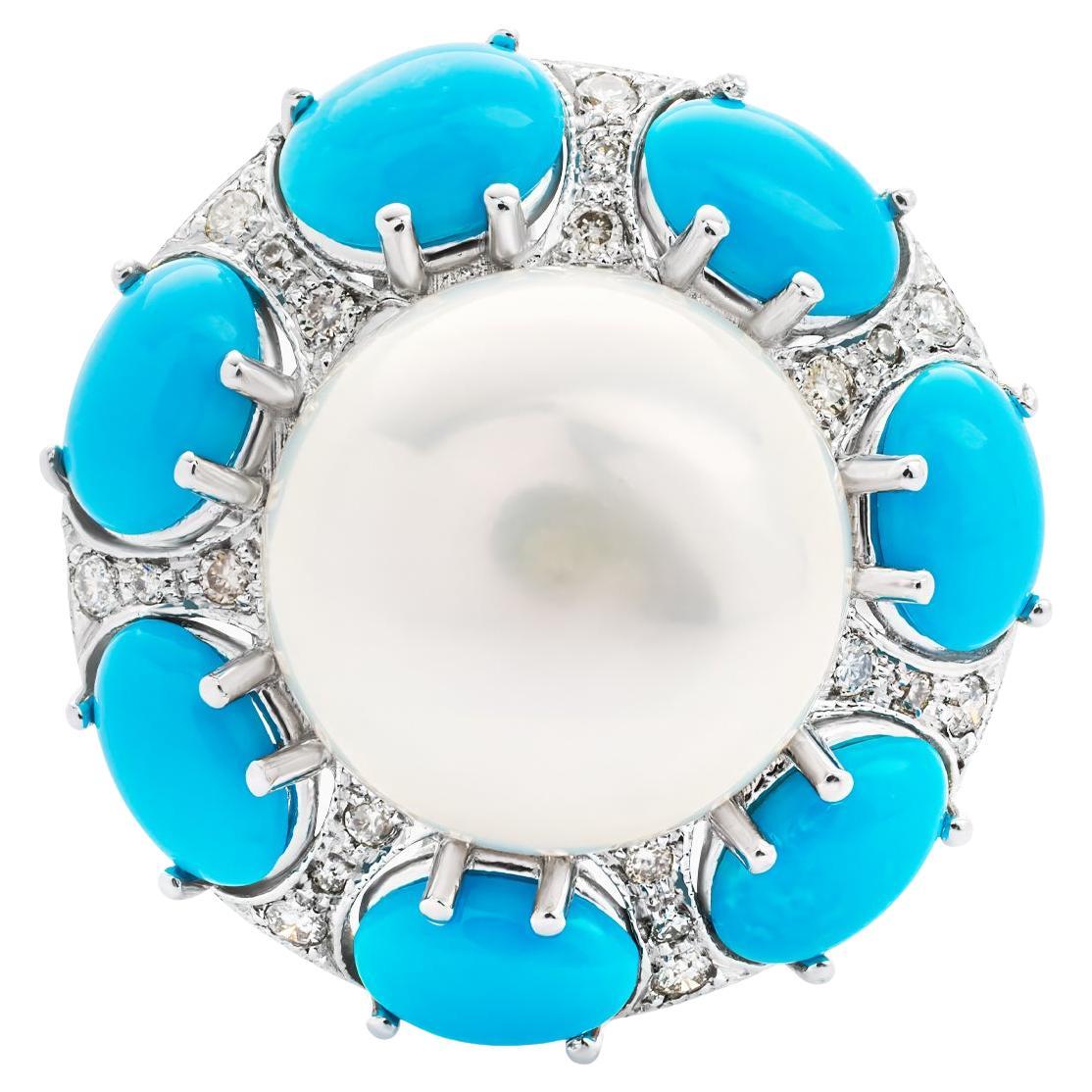White Gold Ring with Pearl, Turquoise, and Diamonds