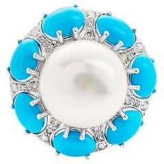 White Gold Ring with Pearl, Turquoise, and Diamonds