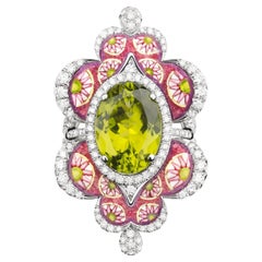 Anillo de Oro Blanco con Peridoto, Diamantes Blancos y Micromosaico