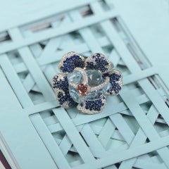White Gold Ring with Uncut Aquamarine, Blue and Orange Sapphires, White Diamonds