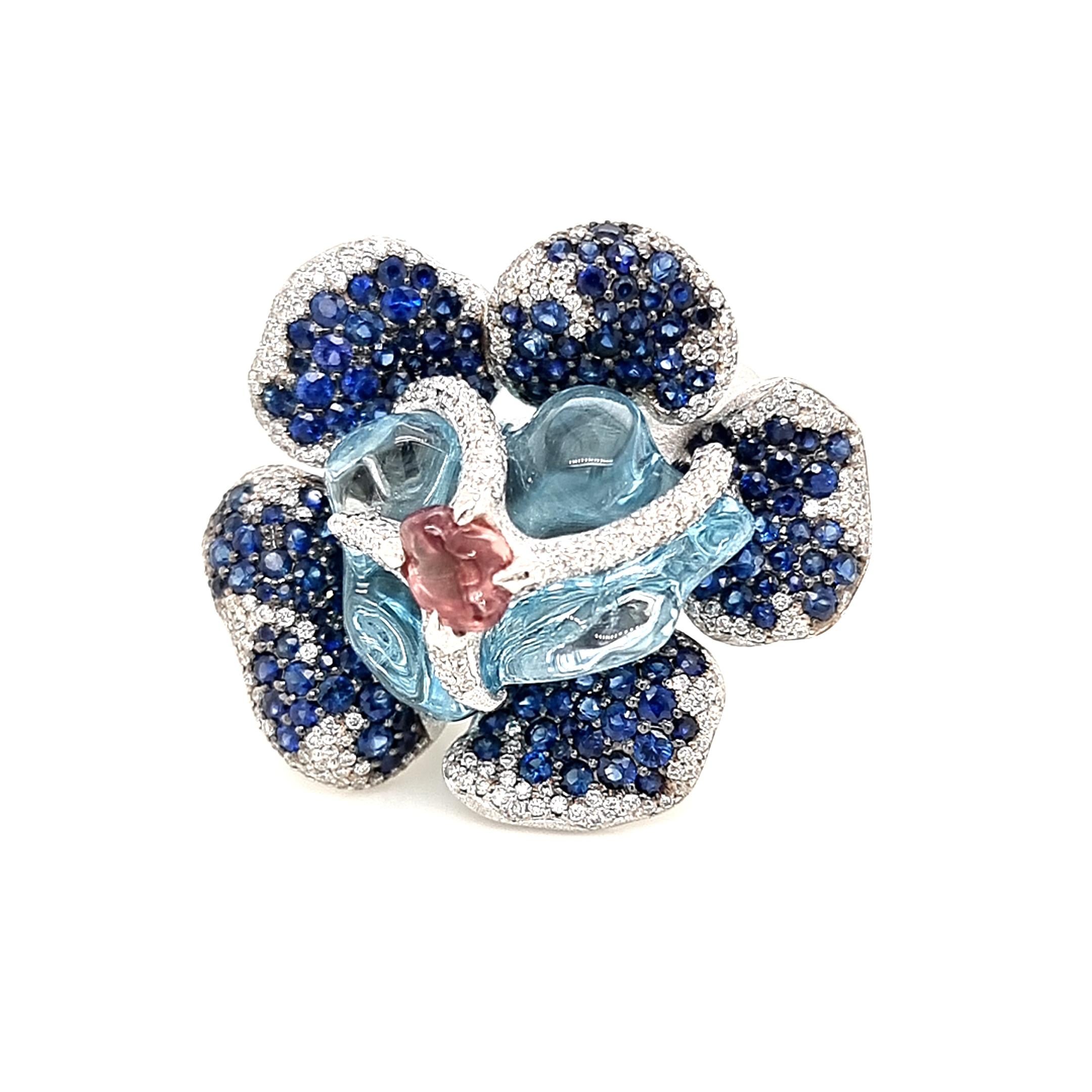 Women's White Gold Ring with Uncut Aquamarine, Blue and Orange Sapphires, White Diamonds For Sale
