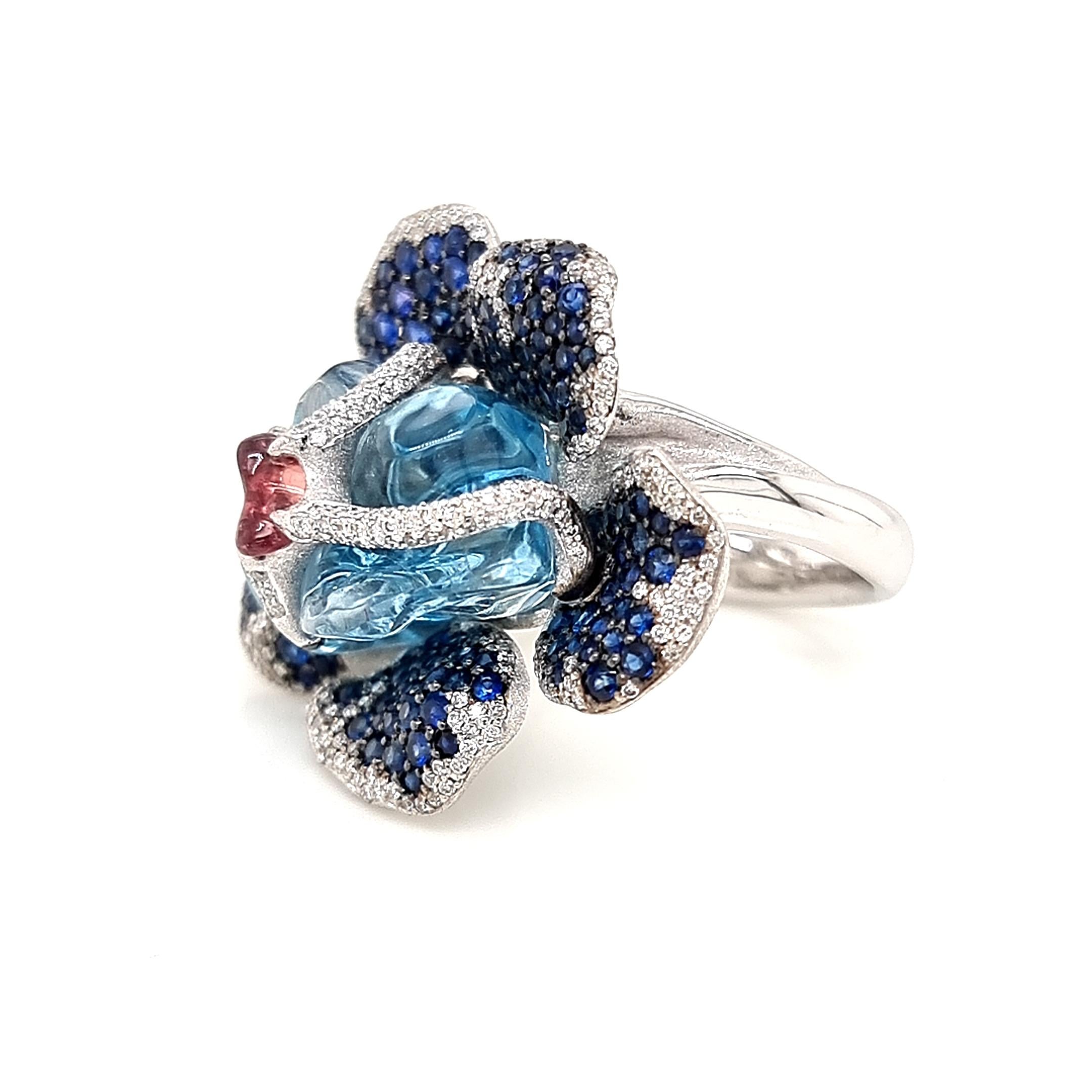 White Gold Ring with Uncut Aquamarine, Blue and Orange Sapphires, White Diamonds For Sale 2