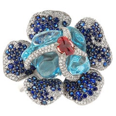 White Gold Ring with Uncut Aquamarine, Blue and Orange Sapphires, White Diamonds