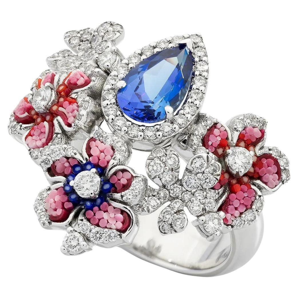White Gold Ring with White Diamonds and Micromosaic