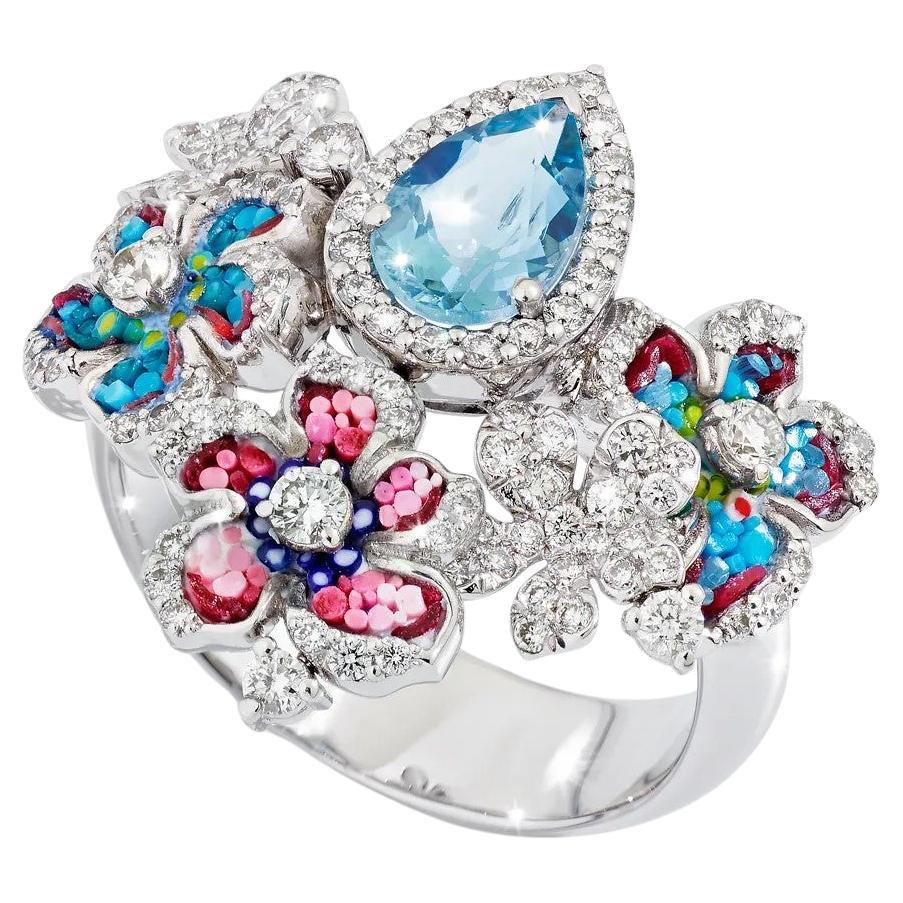 Anillo de Oro Blanco con Diamantes Blancos, Aguamarina y Micromosaico