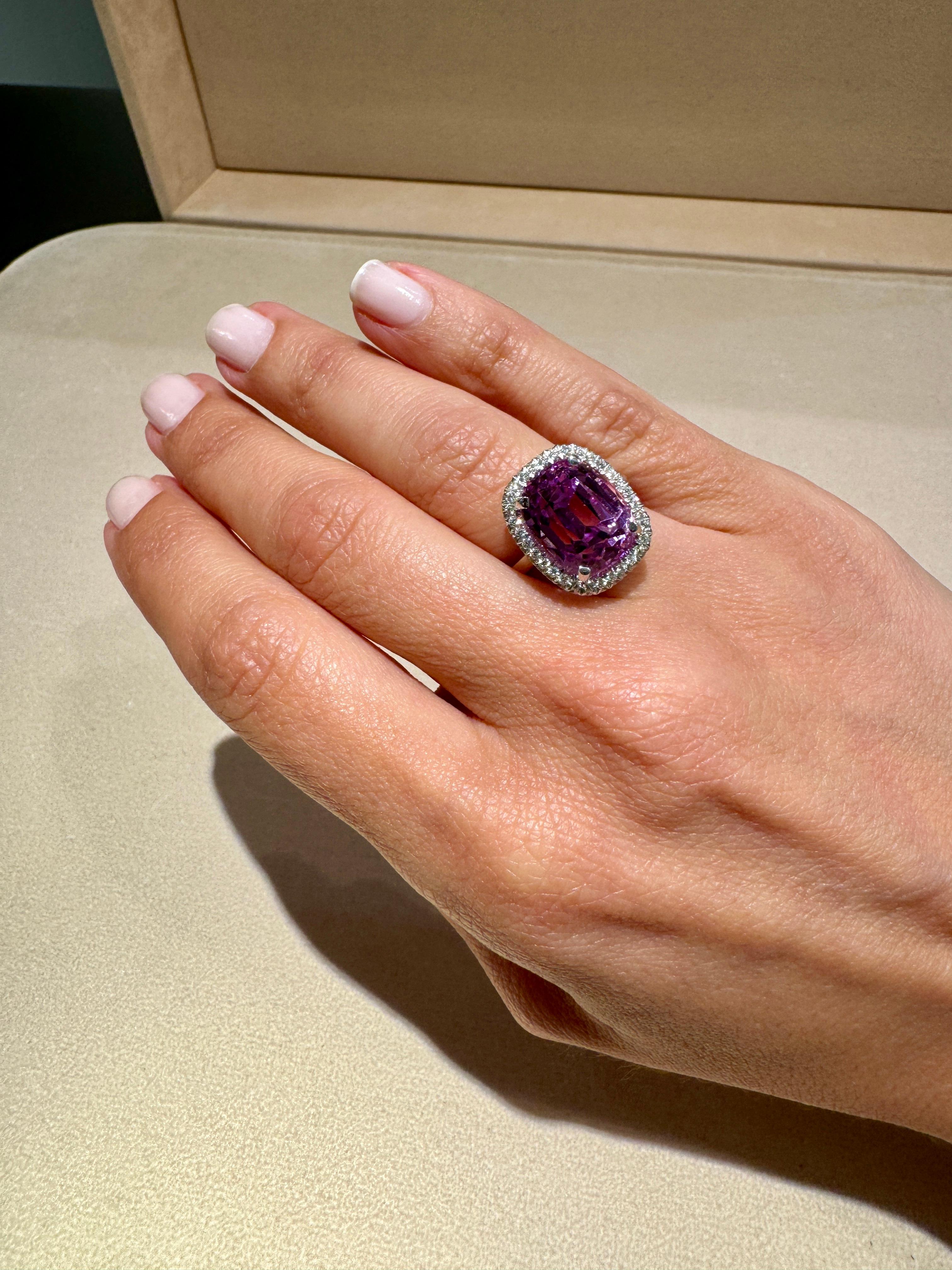 Cushion Cut White Gold Ring with White Diamonds, Kunzite and Micromosaic For Sale
