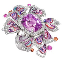 Anillo de Oro Blanco con Diamantes Blancos, Kunzita y Micromosaico