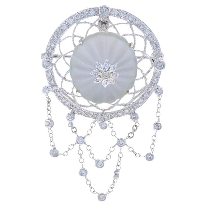 White Gold Rock Crystal Diamond Brooch/Enhancer Pendant Pin 18k Carved.67ctw Pin For Sale