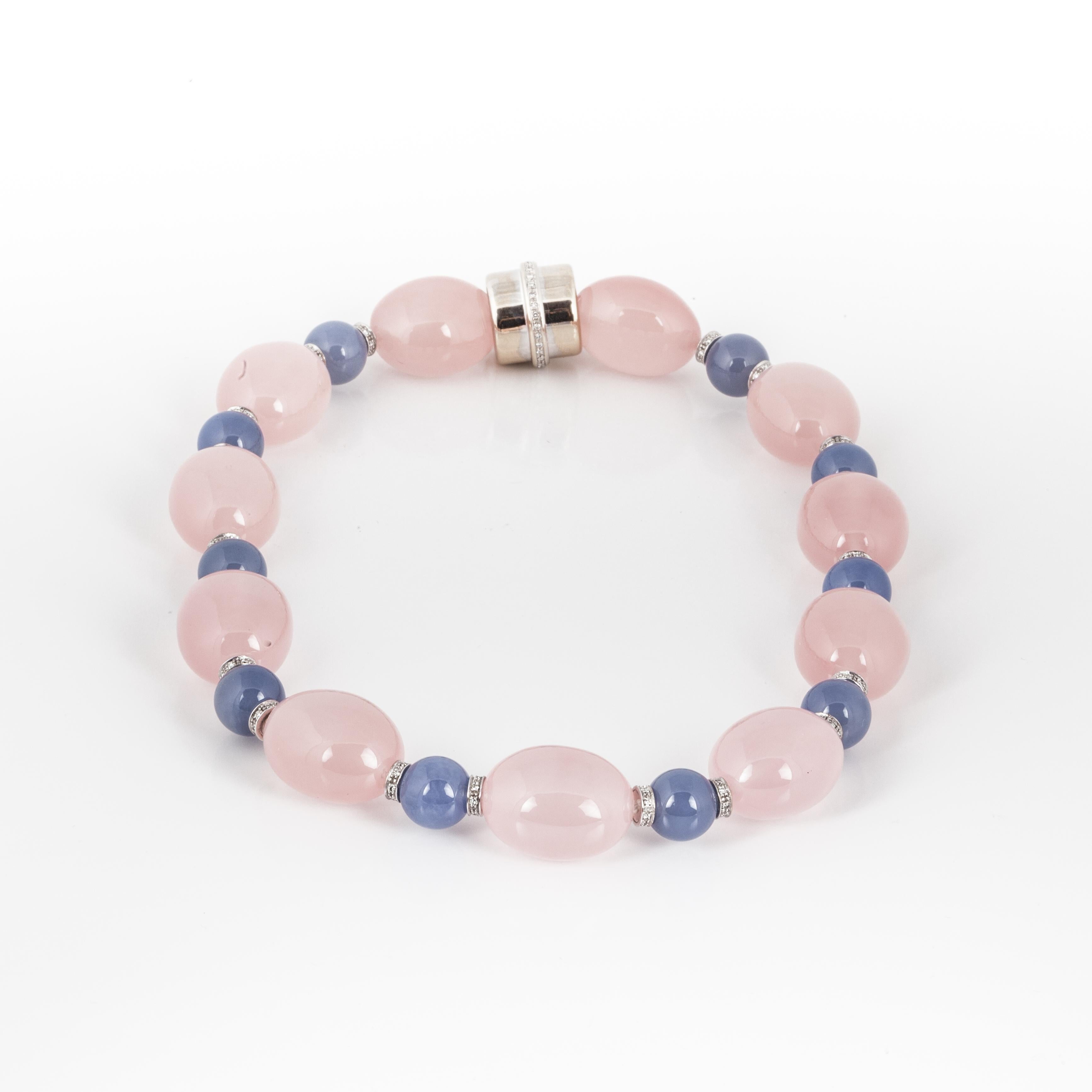 Rose Quartz and Chalcedony Bead Necklace For Sale at 1stDibs