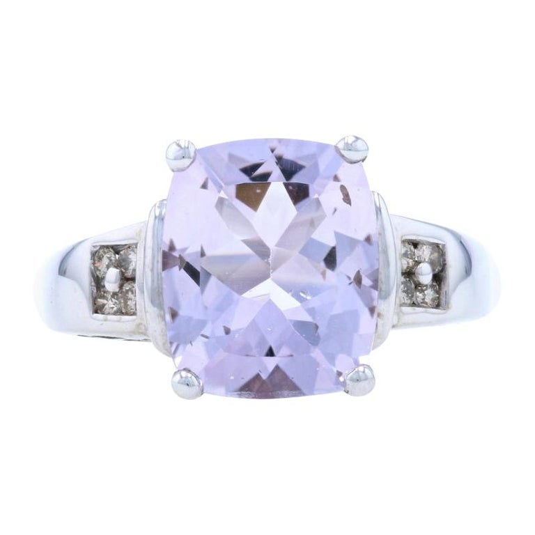White Gold Rose Quartz and Diamond Ring 10k Cushion Cut 4.71ctw For Sale at 1stDibs