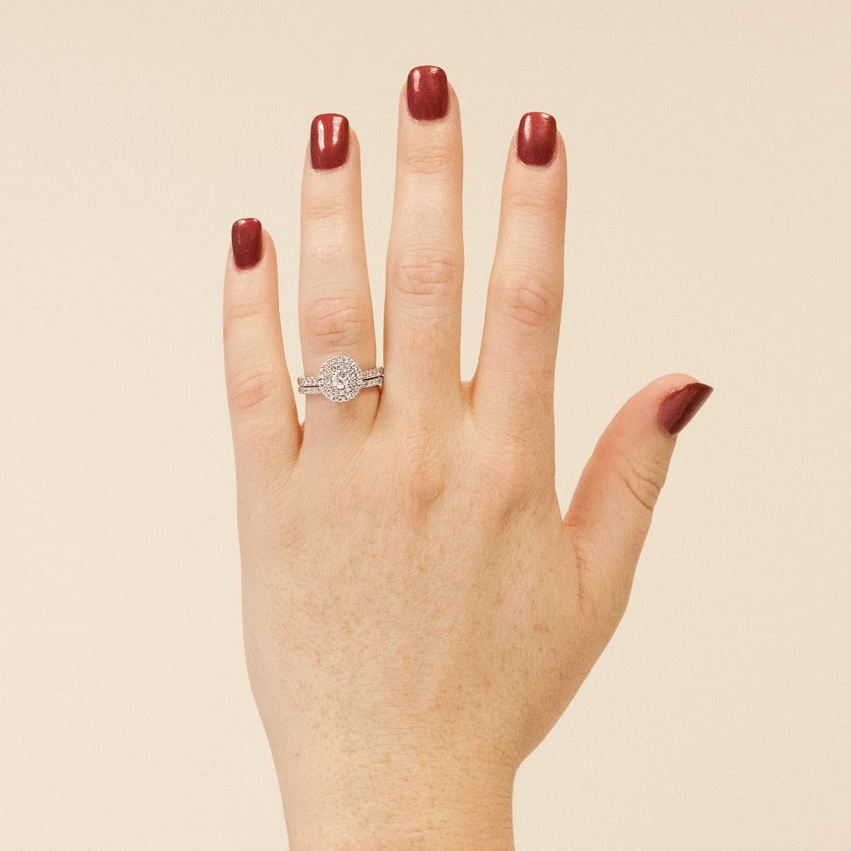 Women's White Gold Round Diamond Double Halo Engagement Ring Wedding Set