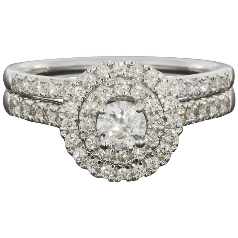 White Gold Round Diamond Double Halo Engagement Ring Wedding Set