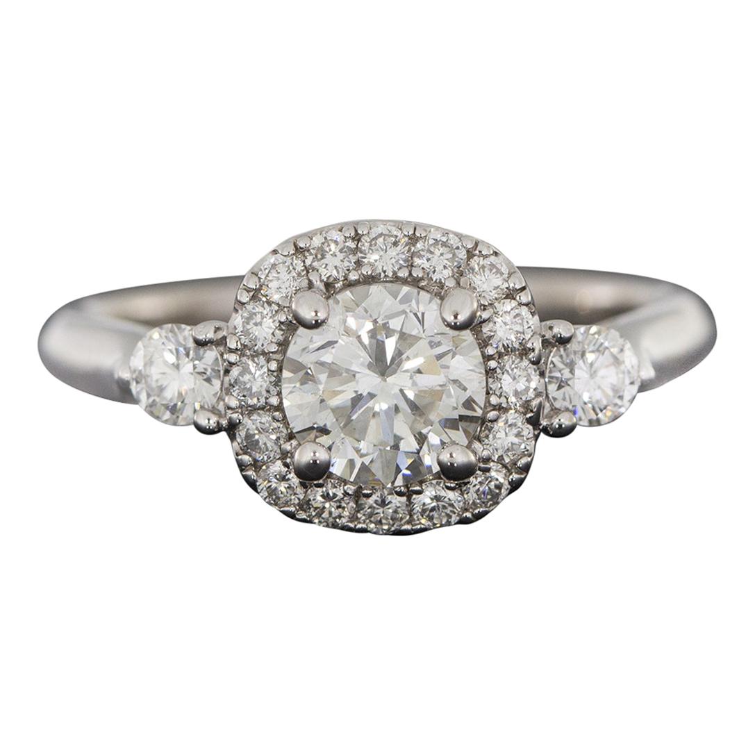 White Gold 1.50 Carat Round Diamond Halo 3 Stone Engagement Ring