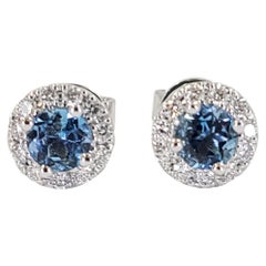 White Gold Round Diamond Halo Studs with Aquamarine Centers