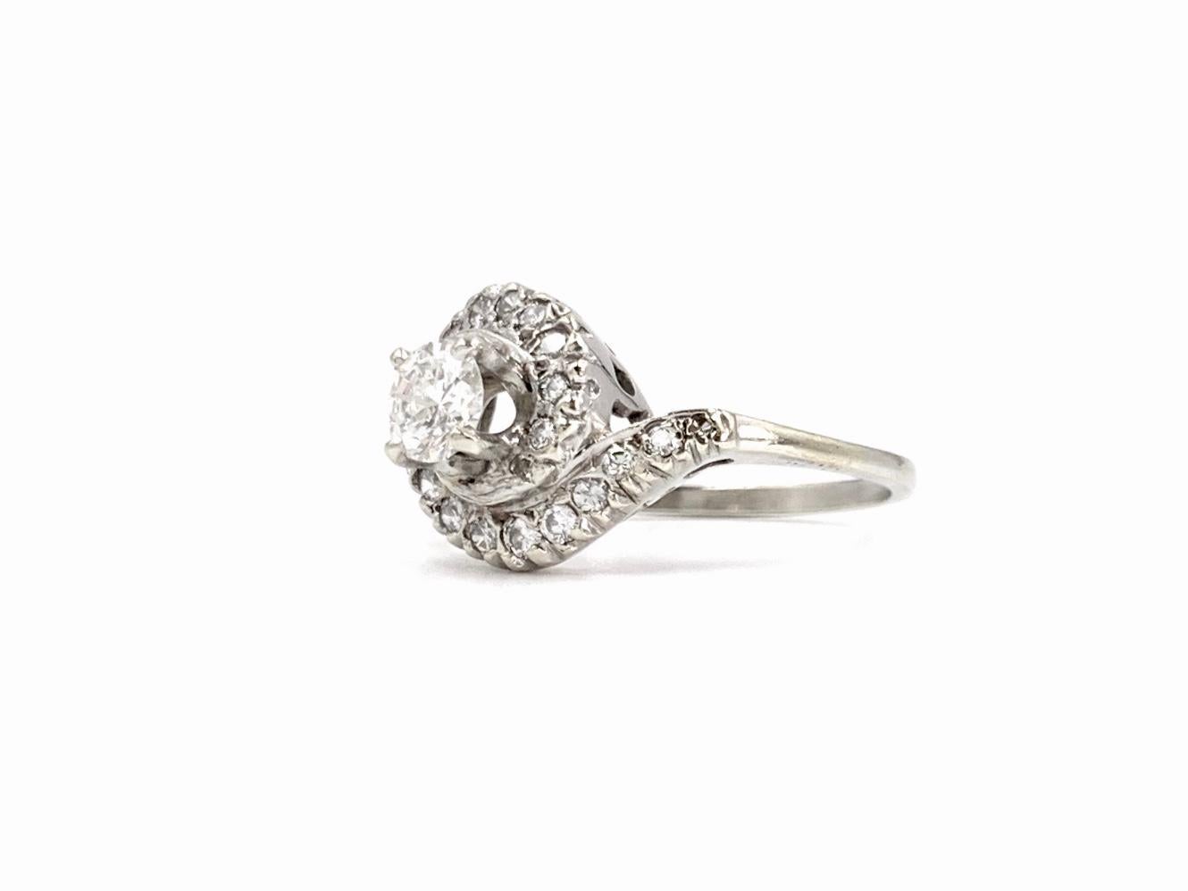 Round Cut White Gold Round Diamond Vintage Swirl Bypass Style Ring For Sale