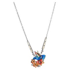 White Gold Round Diamonds Pear Cut Diamonds Pendant “Hummingbird with Flowers“