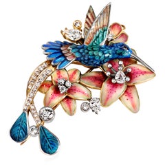 White Gold Round Diamonds Pendant-Brooch “Hummingbird with flowers“