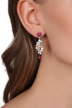 White Gold Round Diamonds Round Ruby Earrings “Ribbon”