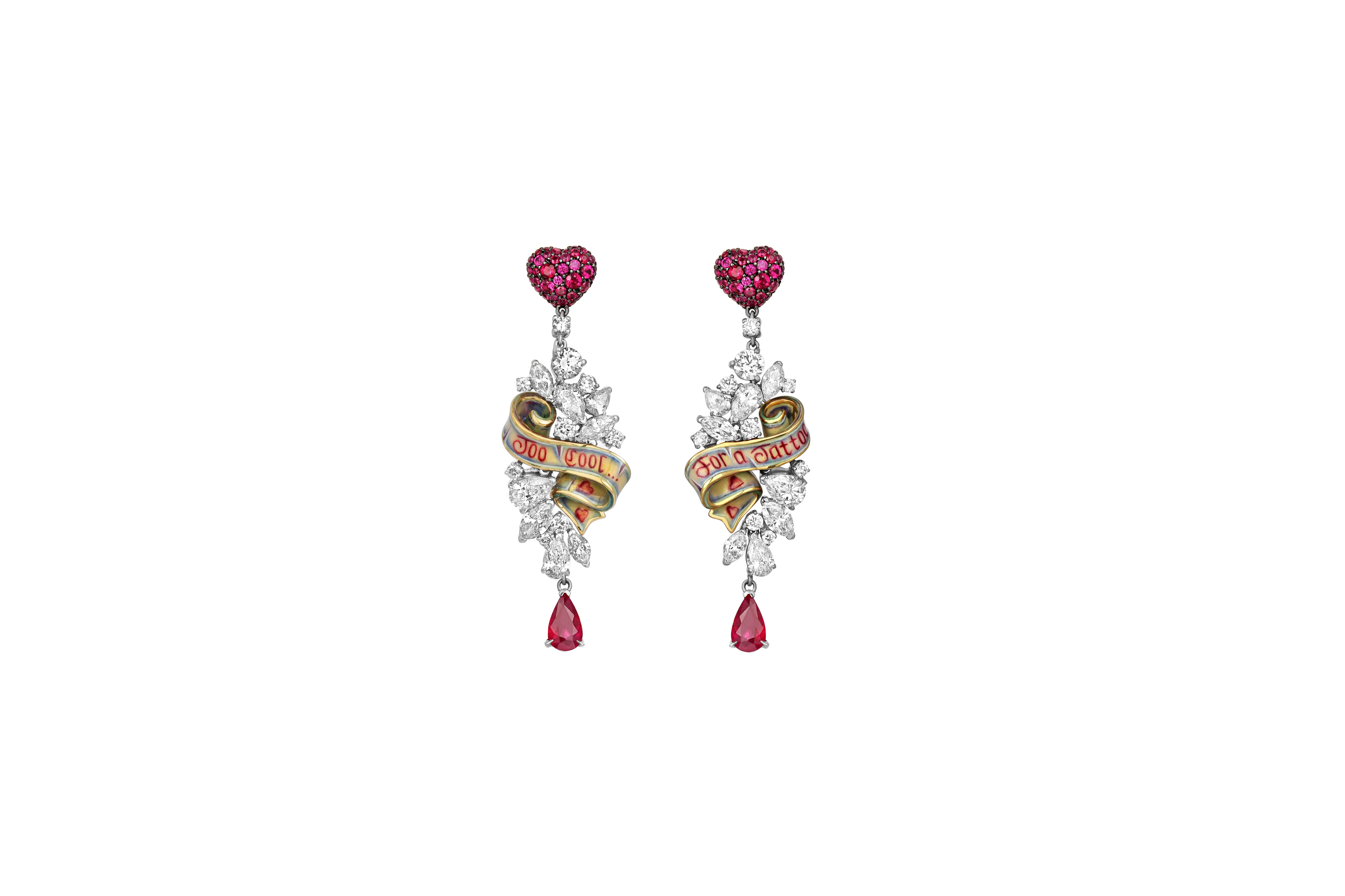 Round Cut White Gold Round Diamonds Round Ruby Earrings “Ribbon” For Sale