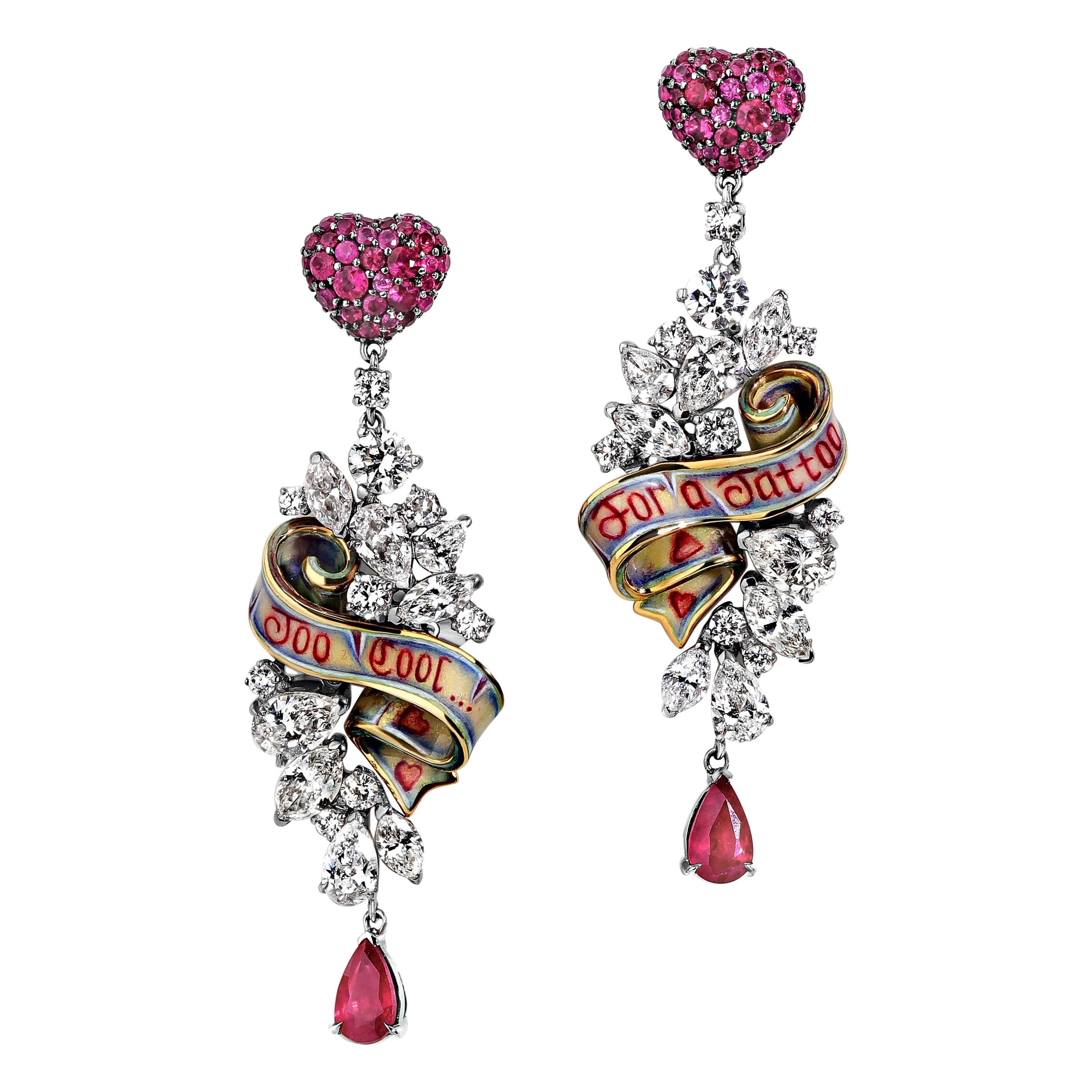 White Gold Round Diamonds Round Ruby Earrings “Ribbon” For Sale