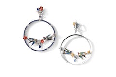 White Gold Round Diamonds Round Sapphire Long Earrings “Swallows”
